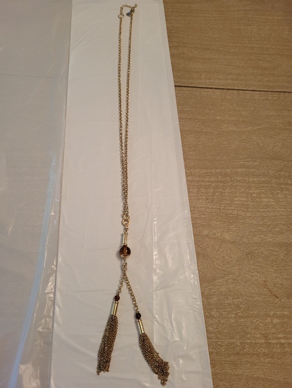 Gold Tassel Long Necklace with Brown Accent Beads. Talbots